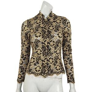 Vintage Ann Ferriday Lace Mesh Top Long Sleeve Floral Black Beige One Size